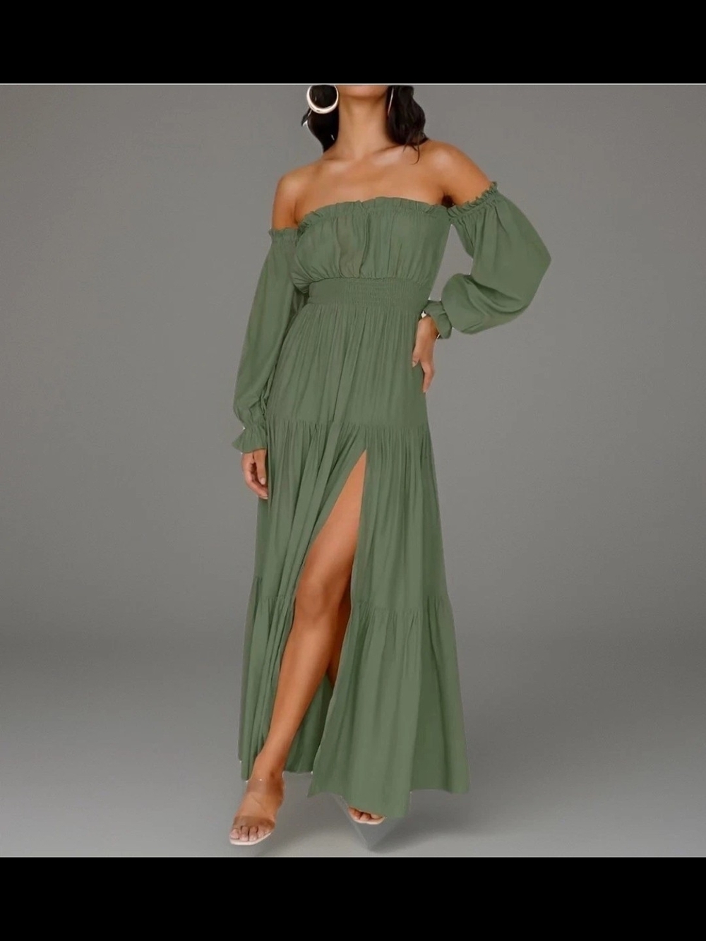 ZESICA Women's Green Off-Shoulder Smocked Ruffle Puff Sleeve Maxi Dress L 12/14